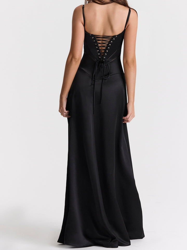 Anabella Black Lace-Up Maxi Dress