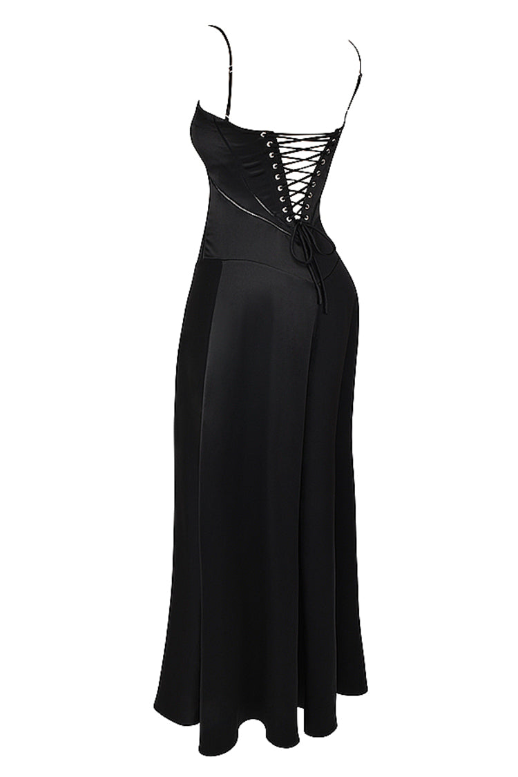 Anabella Black Lace-Up Maxi Dress