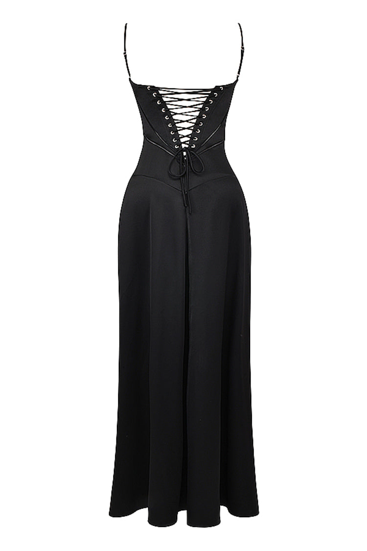 Anabella Black Lace-Up Maxi Dress